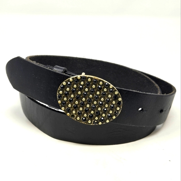 AMERICAN EAGLE BLACK LEATHER BELT EMBELLISHED BLACK RHINESTONE BUCKLE WOMEN S - Picture 1 of 14